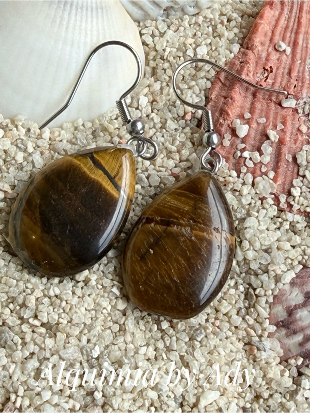 Alquimia Tiger Eye Teardrop Earrings in Brown and Gold